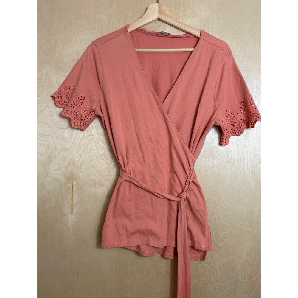 Sundance Large Summer Breeze Terracotta Eyelet Wrap Top Cotton Short Sleeve
